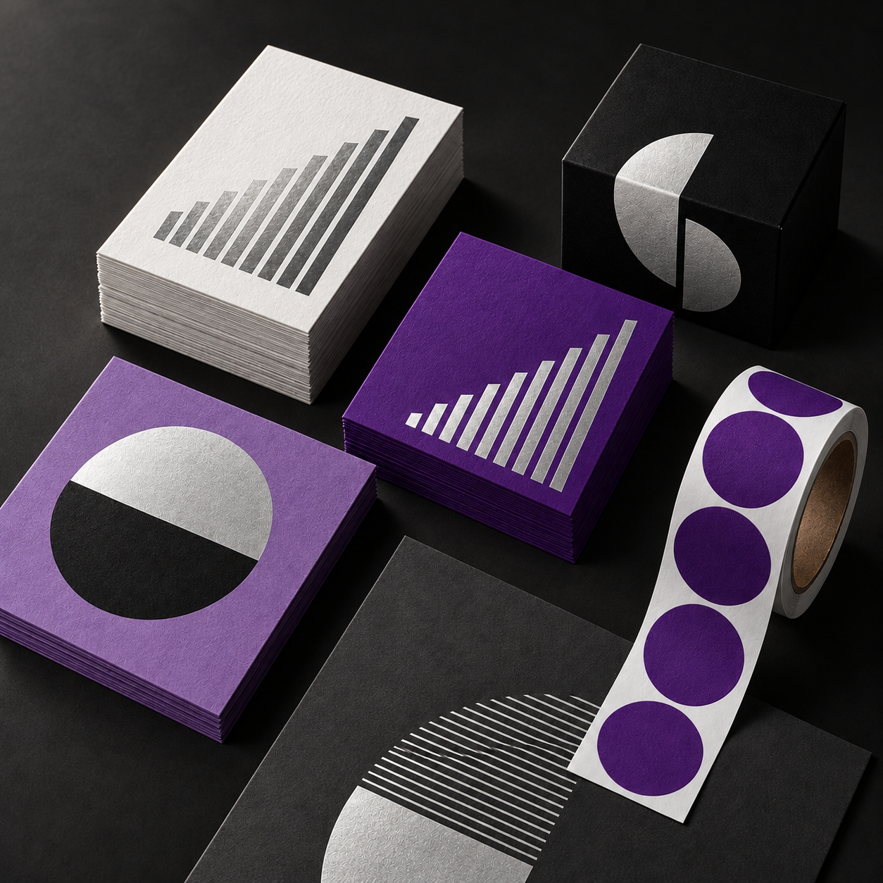 Concept collection of purple, platinum, and matte black cards, stickers, and packaging under directional studio lighting on charcoal
